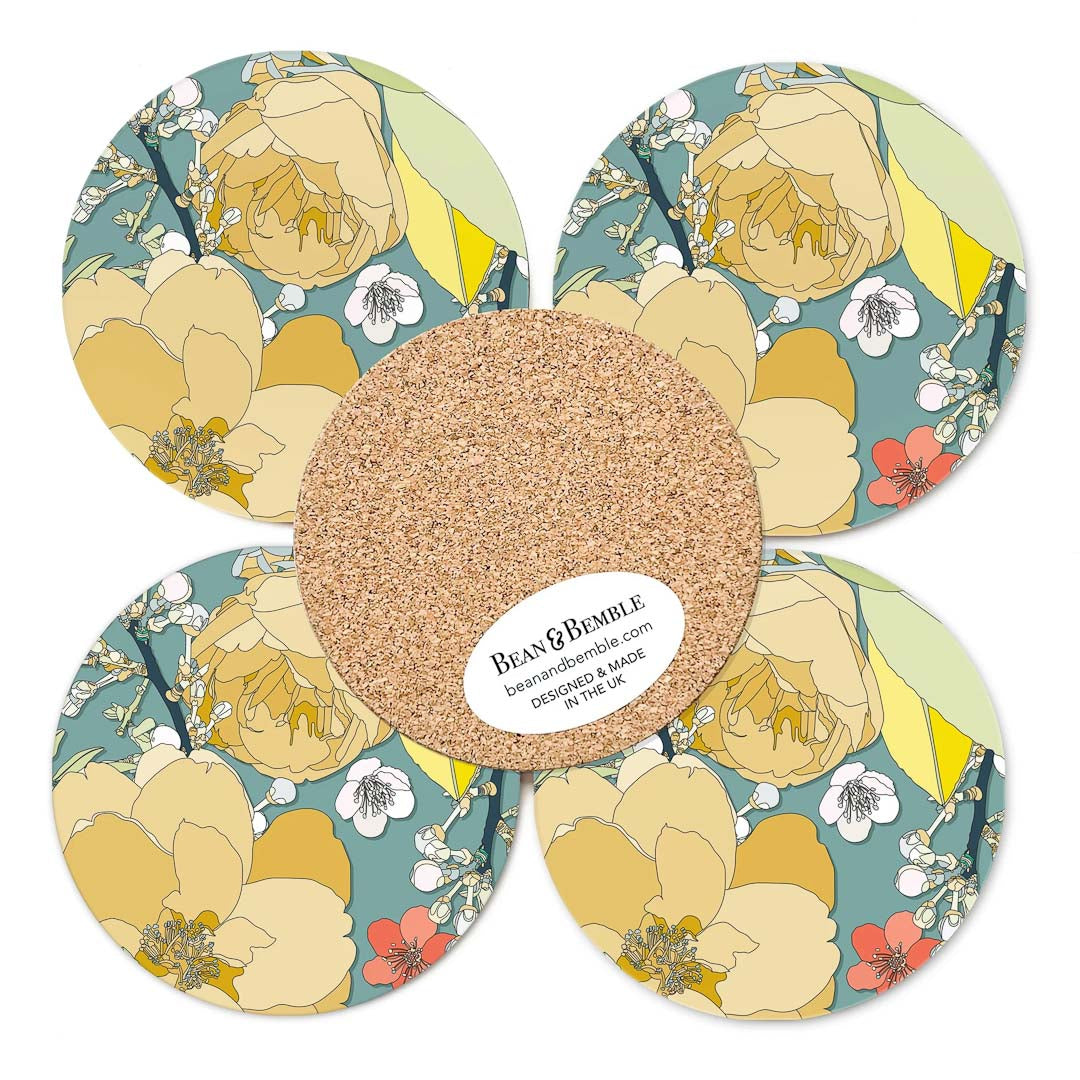Chica Camellia Teal Set of Four Coasters - Bean and Bemble_Just Makers