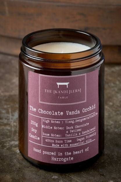 Chocolate Vanda Orchid Amber Glass Candle - Kandlers Table_Just Makers