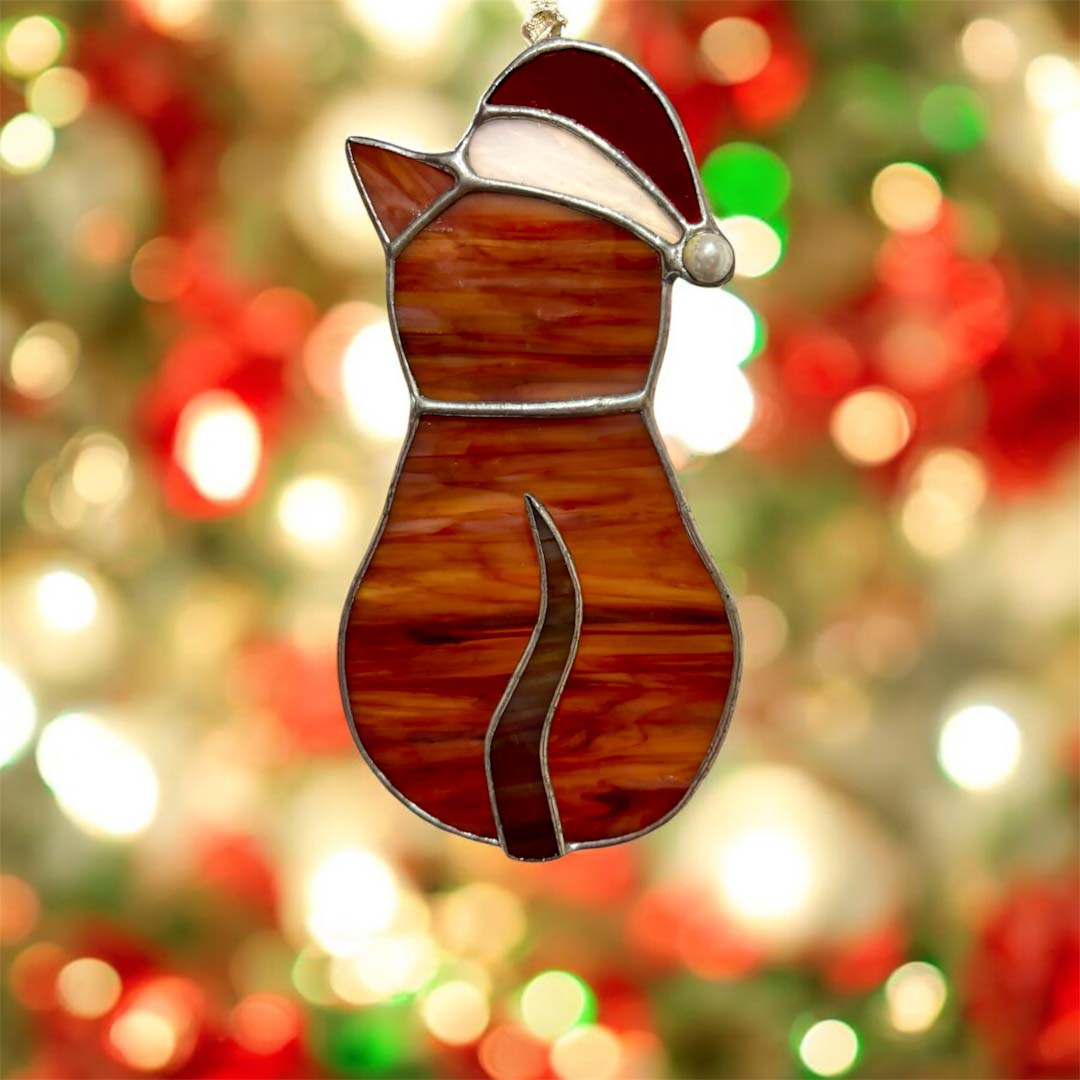 Christmas Cat Stained Glass Hanging Decoration - Dragonfly Glass Art_Just Makers
