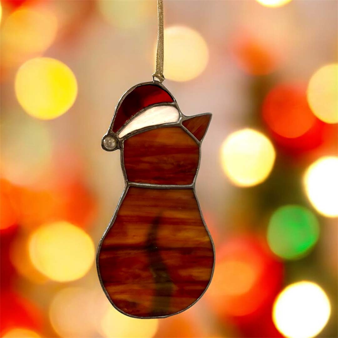 Christmas Cat Stained Glass Hanging Decoration Front - Dragonfly Glass Art_Just Makers