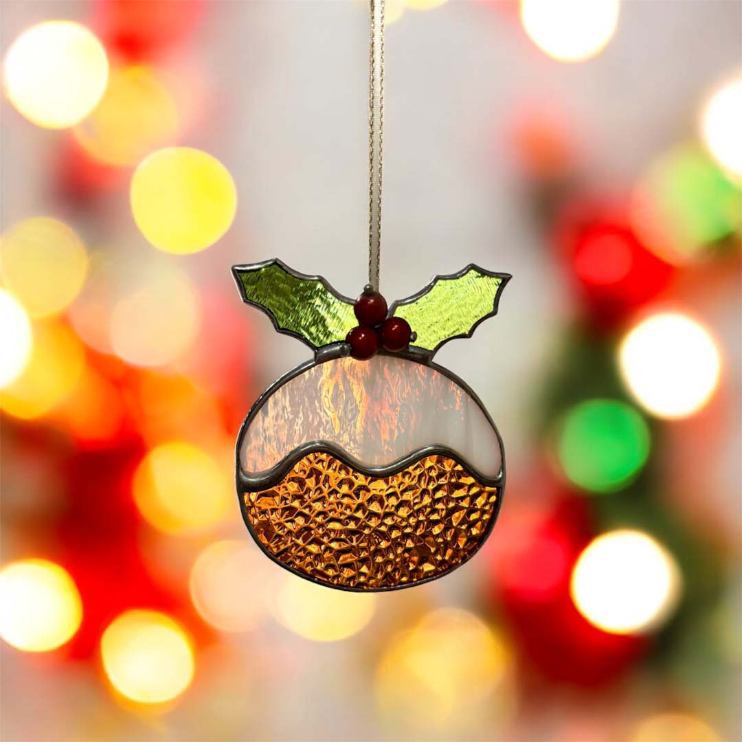 Christmas Pudding Stained Glass Hanging Decoration - Dragonfly Glass Art_Just Makers