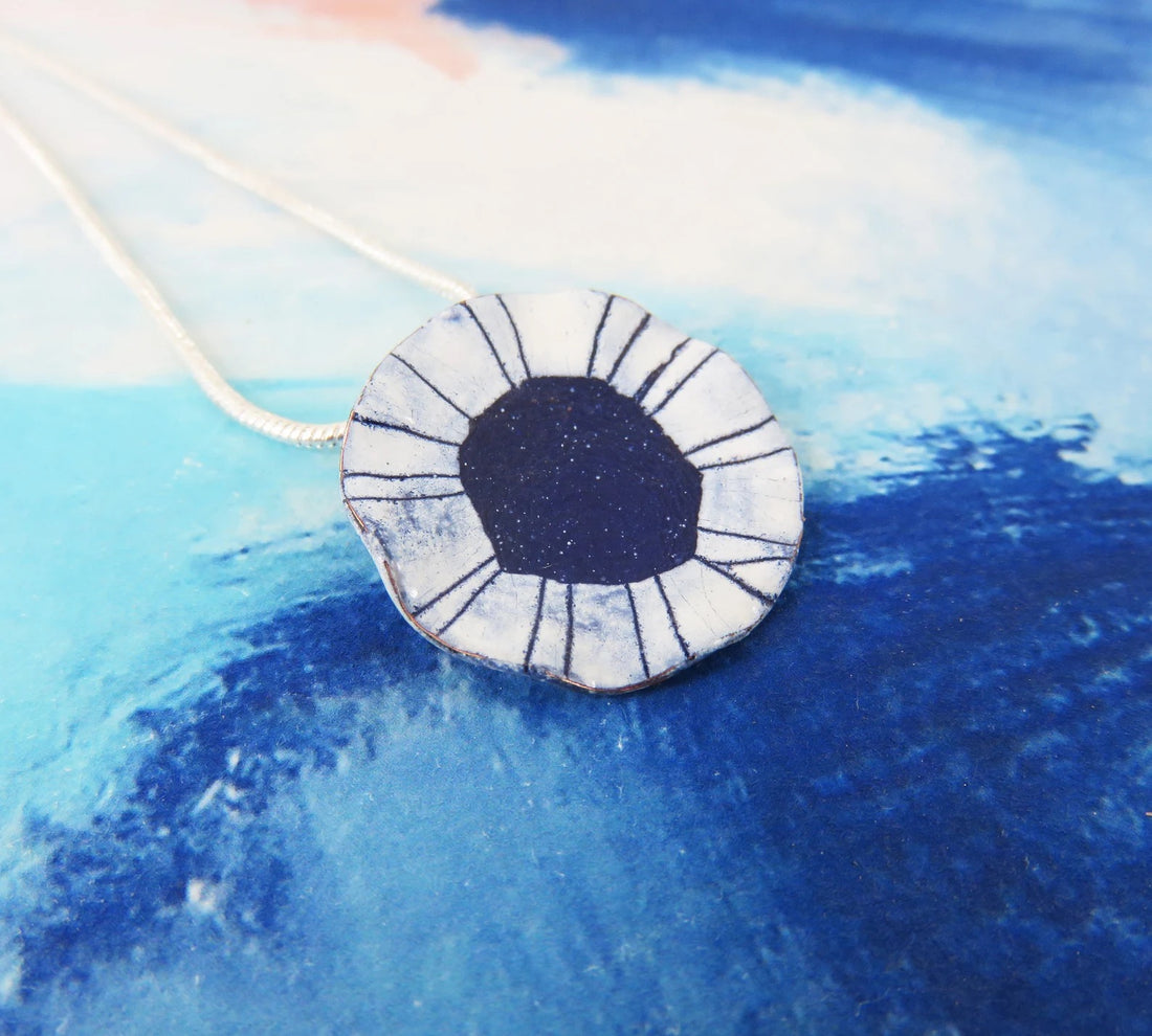 Copper Enamel Curvy Edge Blue and White Disc Necklace - 830 Degrees_Just Makers