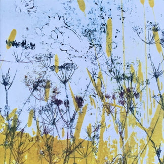 Abstract art with yellow and black shapes on a blue background_Gill Kirk_Just Makers