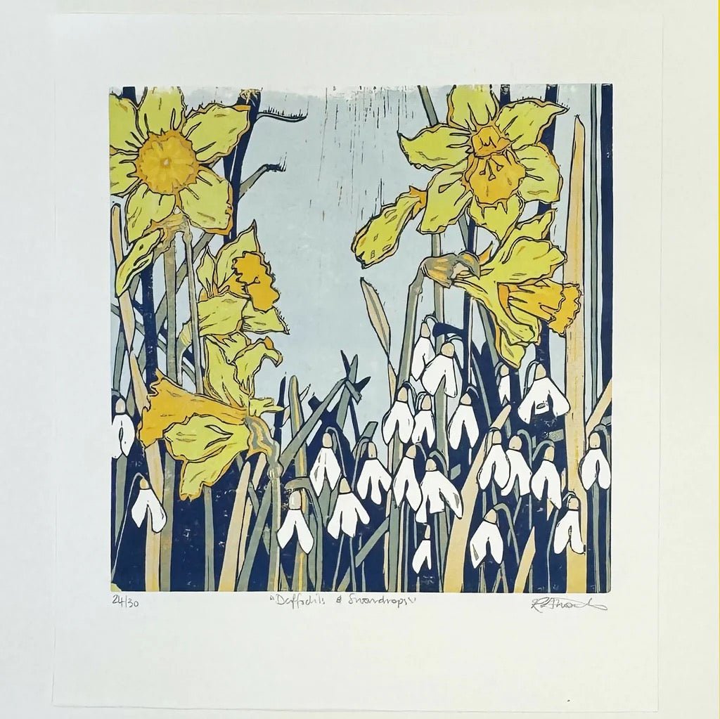 Daffodils and Snowdrops Unframed Linocut Print - Just Makers Rachel Knowles