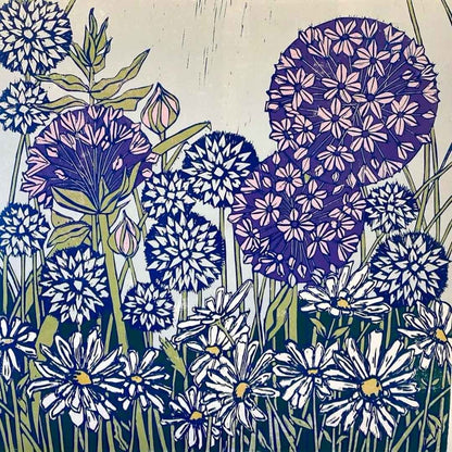 Daisies, Alliums and Echinops Unframed Linoprint - Just Makers Rachel Knowles