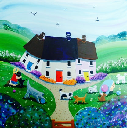 Colorful illustration of a house with animals and people in a garden_Nikky Corker_Just Makers