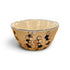 A handmade ceramic bowl with a warm beige interior and exterior, decorated with a pattern of hand-drawn black, blue, and pink circles connected by thin lines, set against a plain white background.