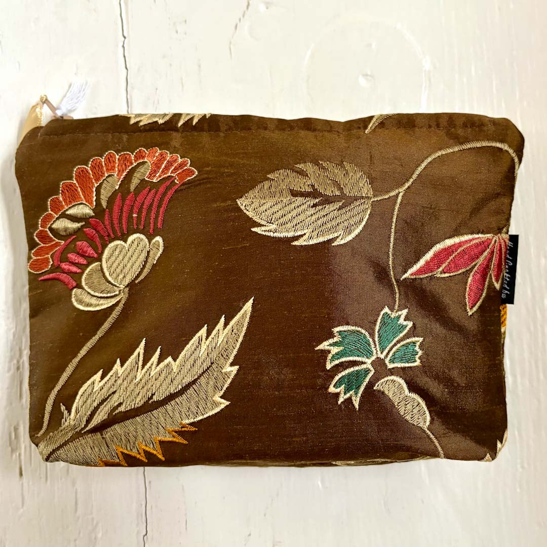 Embroidered Brown Floral Silk Make Up Bag - Amanda Scott_Just Makers
