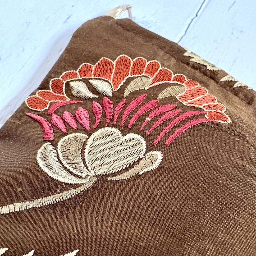 Embroidered Brown Floral Silk Make Up Bag Close Up - Amanda Scott_Just Makers