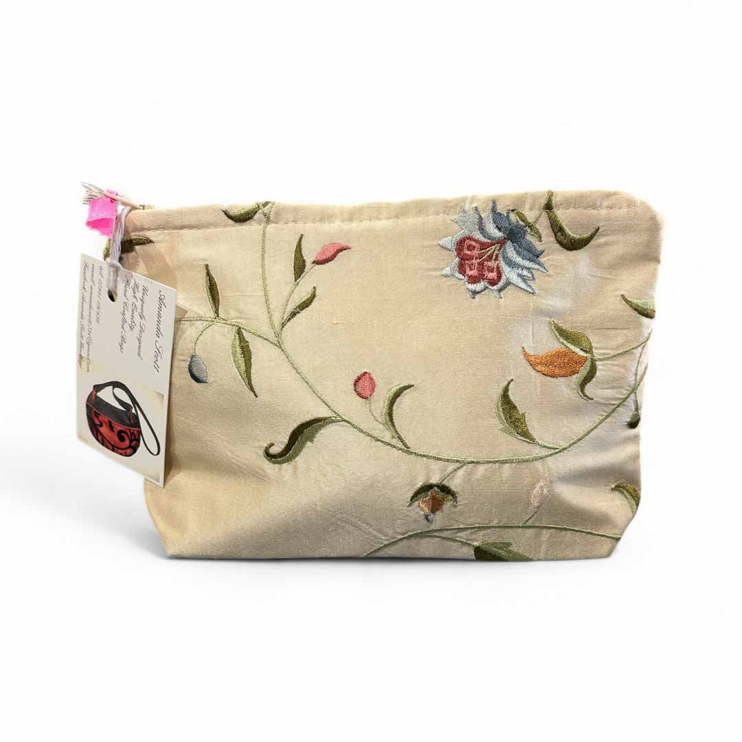 Embroidered Cream Silk Make Up Bag - Amanda Scott_Just Makers