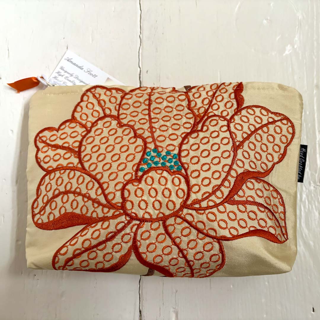 Embroidered Orange Floral Silk Make Up Bag - Amanda Scott_Just Makers