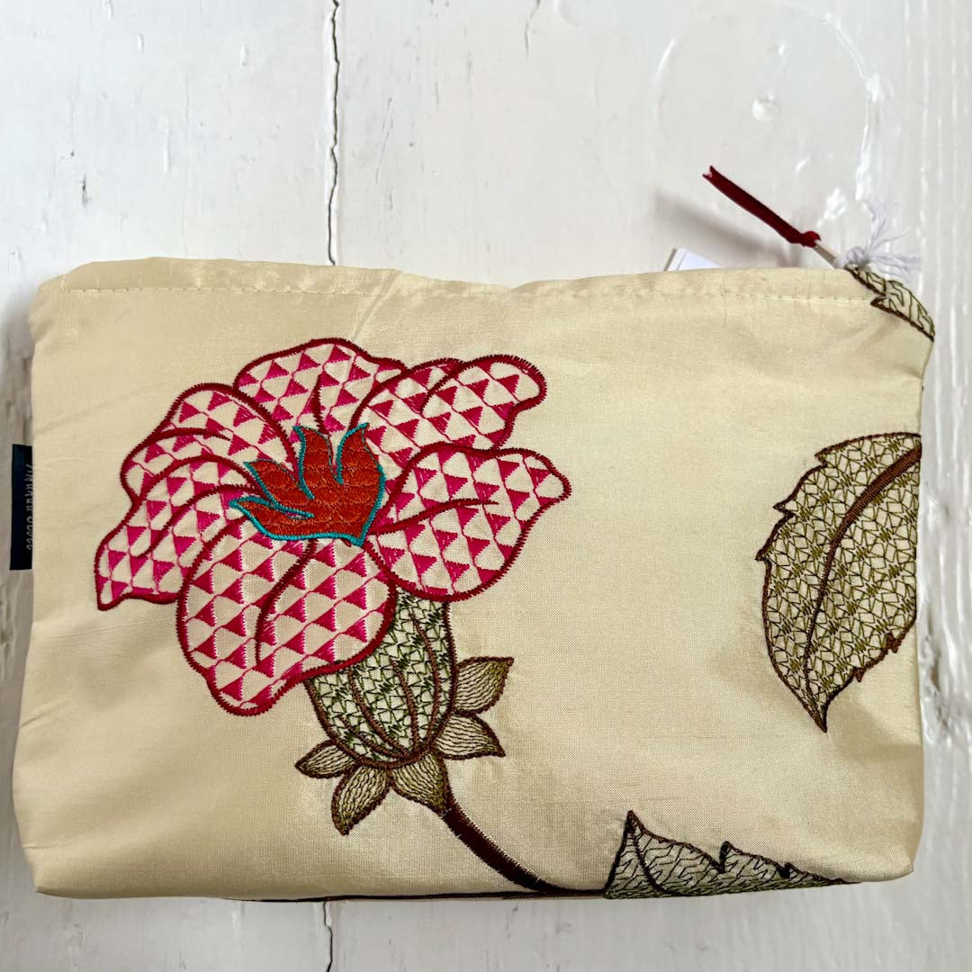 Embroidered Pink Floral Silk Make Up Bag - Amanda Scott_Just Makers