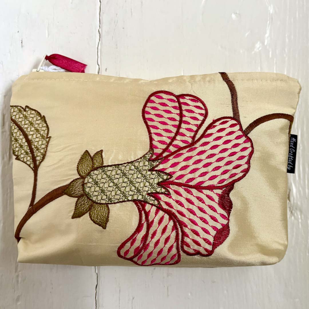 Embroidered Pink Floral Silk Make Up Bag - Amanda Scott_Just Makers