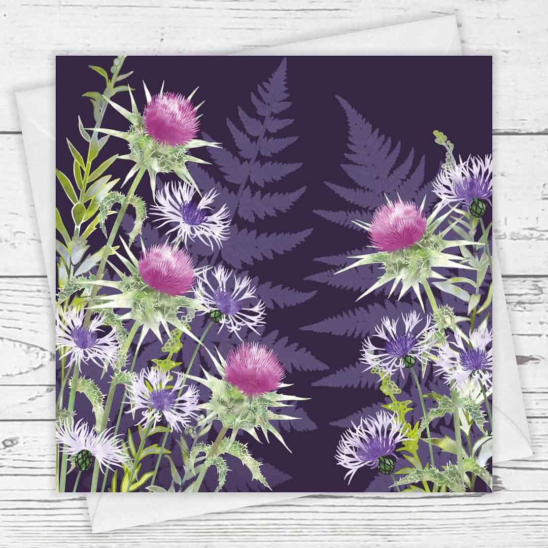Evening Thistle Ramble Greeting Card by Fiona Calder - Just Makers Fiona Calder Designs
