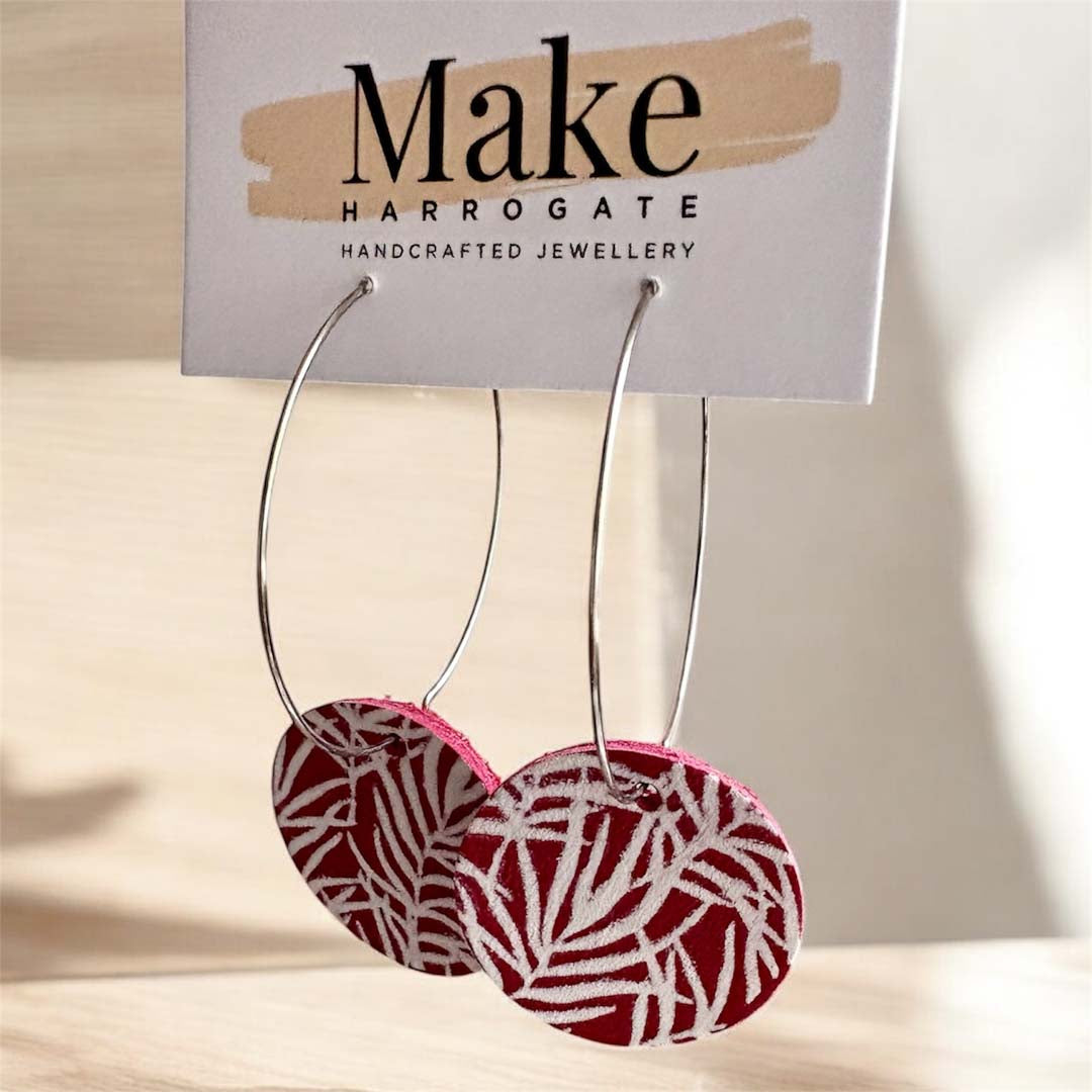 Extra Large Button Hoop Pink Print Earrings - Make Harrogate_Just Makers