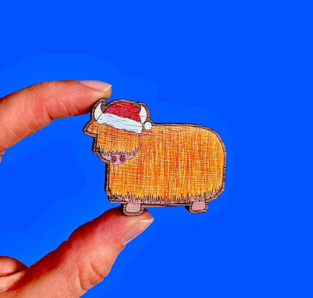 Festive Highland Cow Wooden Brooch - Rat Bean Kat_Just Makers