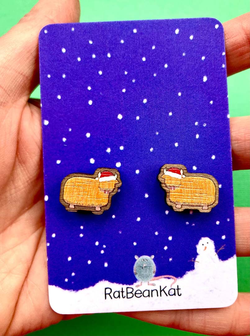 Festive Highland Cow Wooden Earrings - Rat Bean Kat_Just Makers