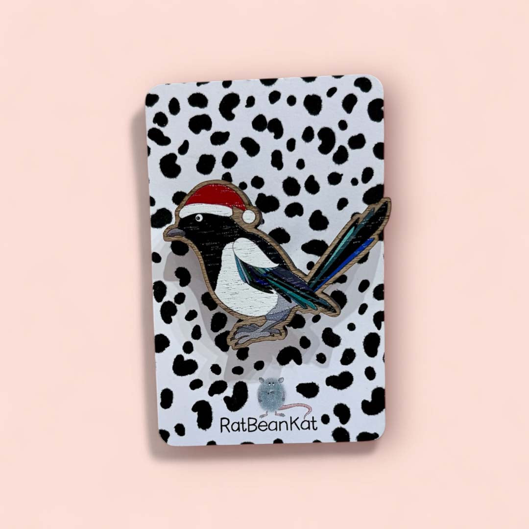 Festive Magpie Wooden Brooch - Rat Bean Kat_Just Makers