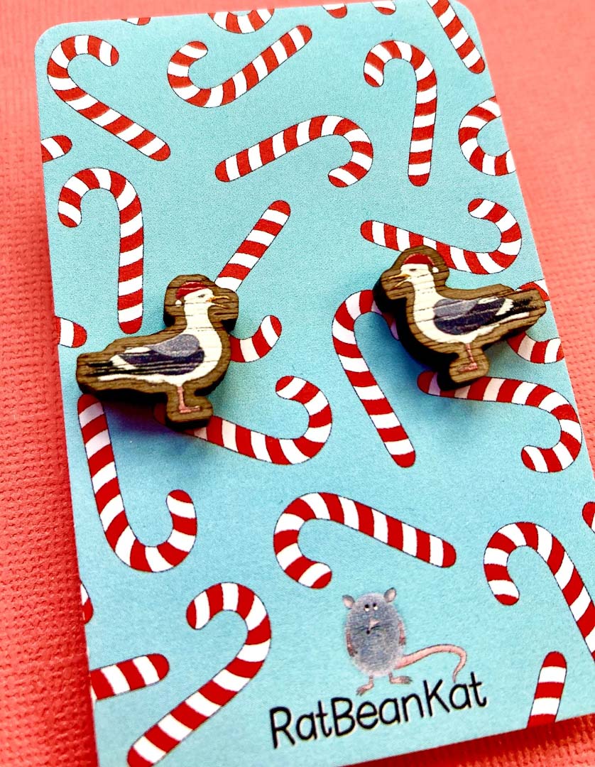 Festive Seagull Wooden Earrings - Rat Bean Kat_Just Makers