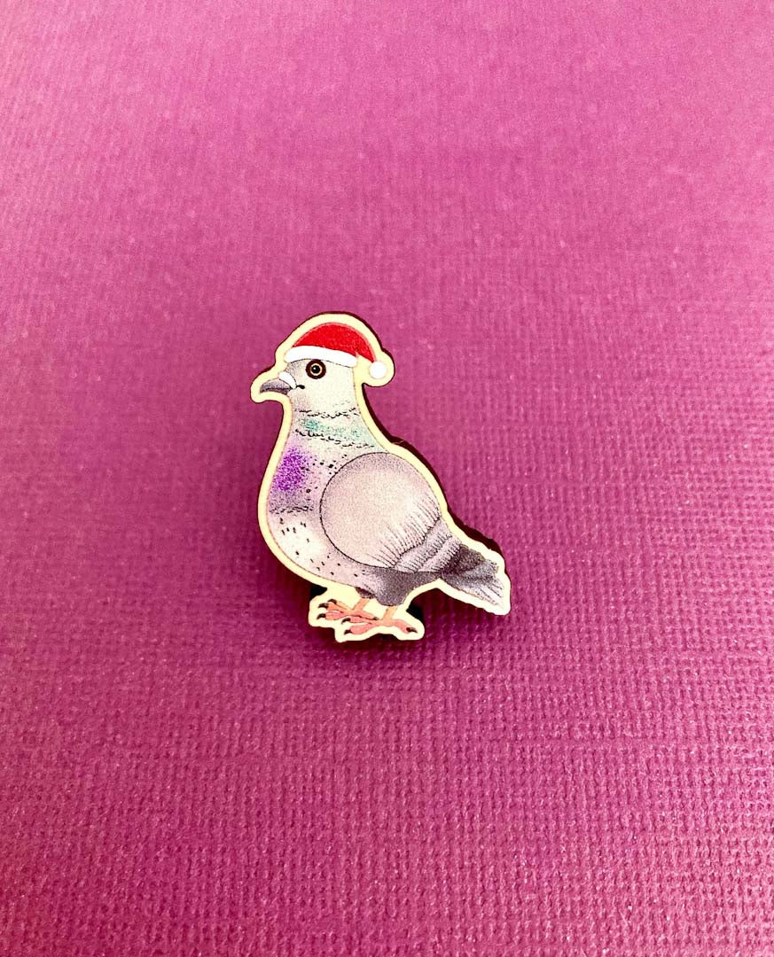 Festive Wooden Pigeon Pin Badge - Rat Bean Kat_Just Makers