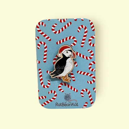 Festive Wooden Puffin Pin Badge - Rat Bean Kat_Just Makers