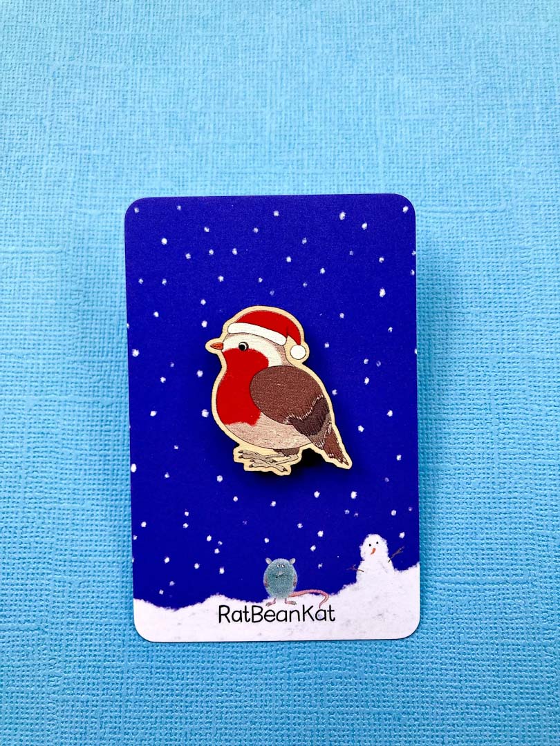 Festive Wooden Robin Pin Badge - Rat Bean Kat_Just Makers