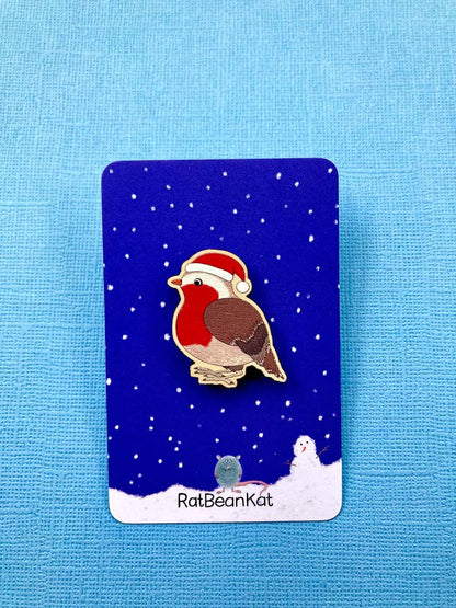 Festive Wooden Robin Pin Badge - Rat Bean Kat_Just Makers