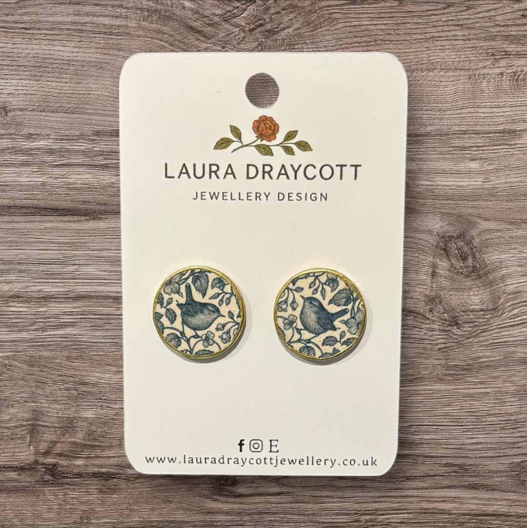 Floral Blue Bird Round Stud Earrings - Laura Draycott_Just Makers