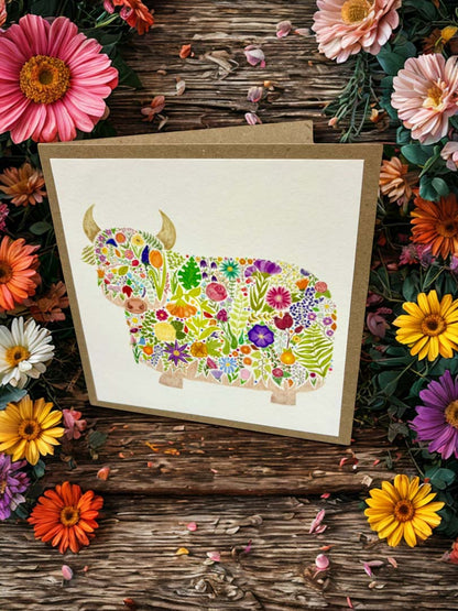 Floral Highland Cow Greeting Card - Rat Bean Kat_Just Makers