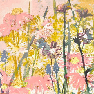 Colorful floral pattern with pink, yellow, and blue flowers on a textured background_Gill Kirk_Just Makers