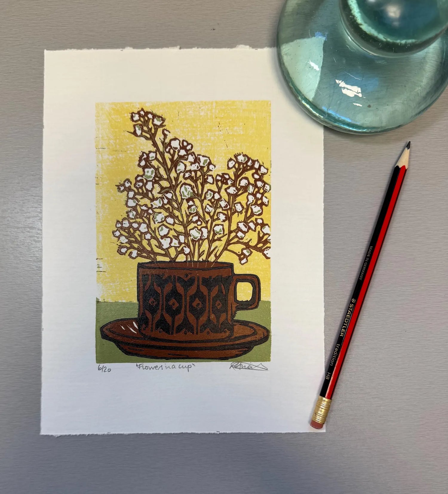 Flowers in a Cup Unframed Linocut - Rachel Knowles_Just Makers