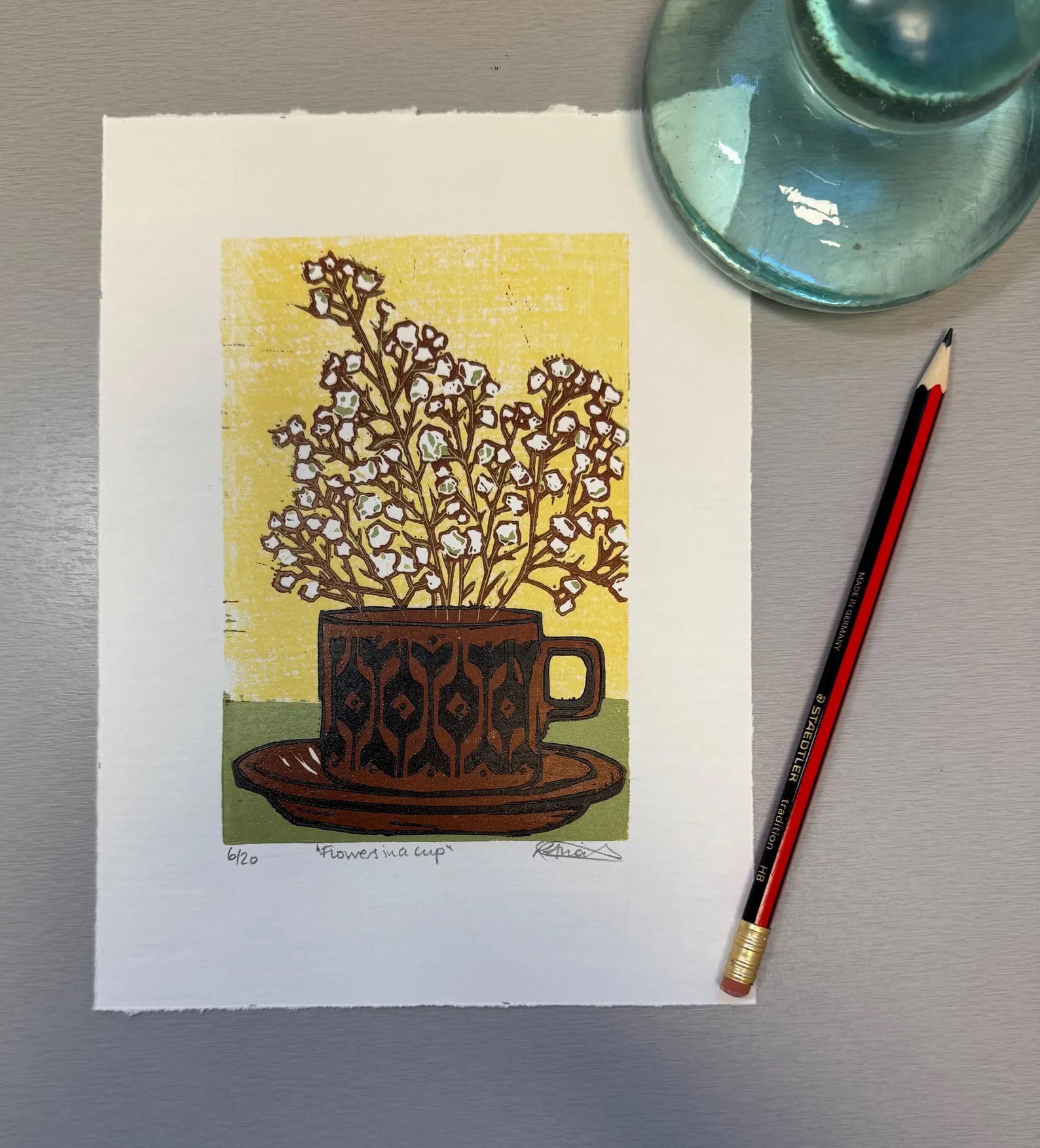 Flowers in a Cup Unframed Linocut - Rachel Knowles_Just Makers