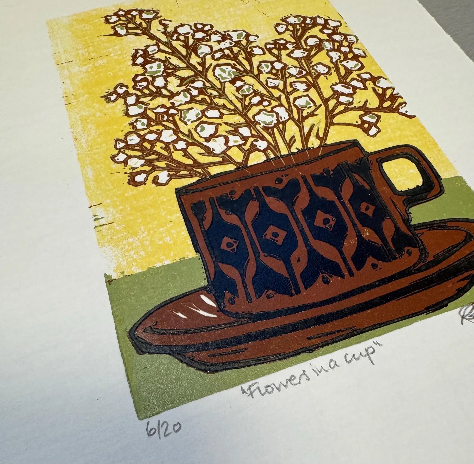 Flowers in a Cup Unframed Linocut - Rachel Knowles_Just Makers