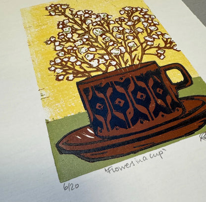 Flowers in a Cup Unframed Linocut - Rachel Knowles_Just Makers