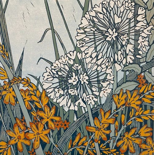 Framed Agapanthus &amp; Crocosmia Linocut Print - Rachel Knowles_Just Makers