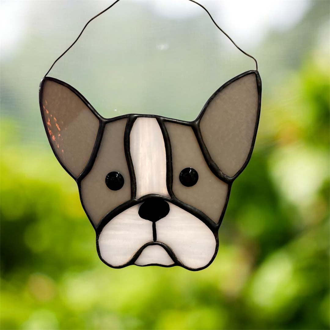 French Bull Dog Stained Glass Hanging Decoration - Dragonfly Glass Art_Just Makers