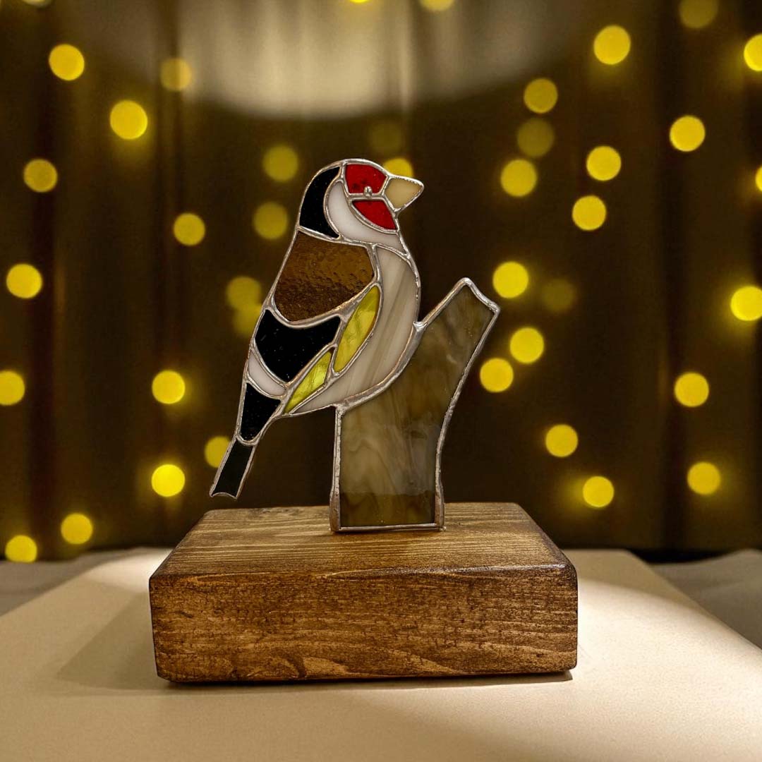 Glass Goldfinch on Wood - Dragonfly Glass Art_Just Makers