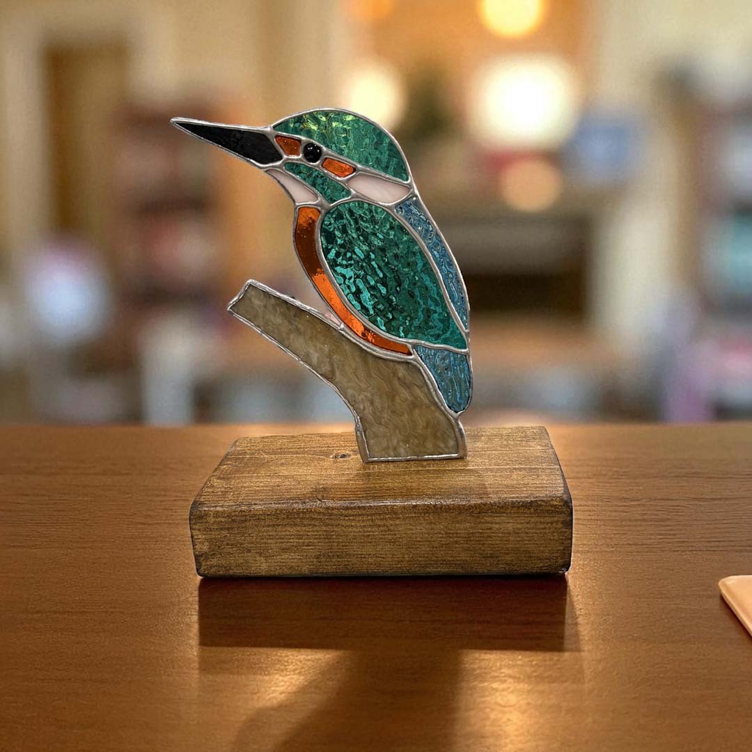 Glass Kingfisher on Wood - Dragonfly Glass Art_Just Makers