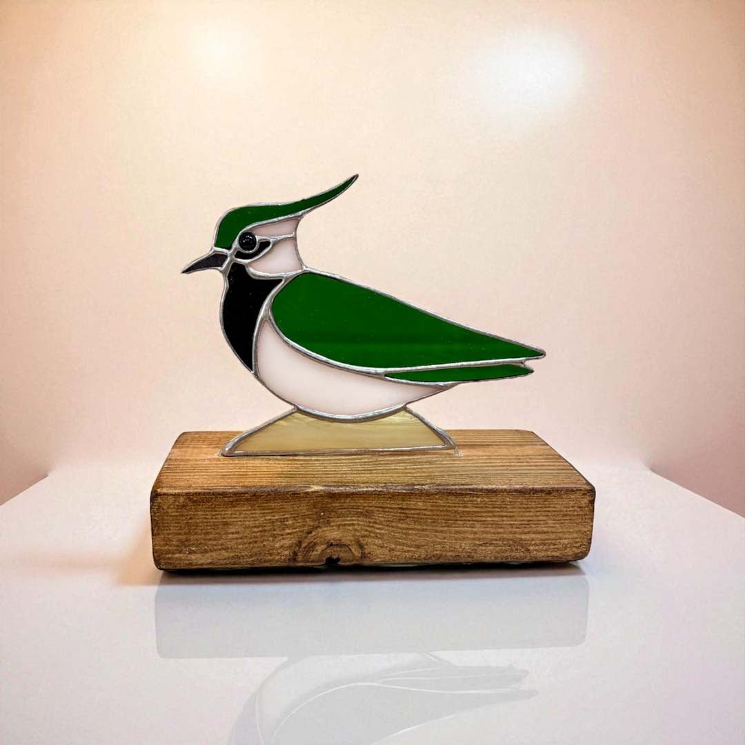 Glass Lapwing on Wood - Dragonfly Glass Art - Just Makers Dragonfly Glass Art