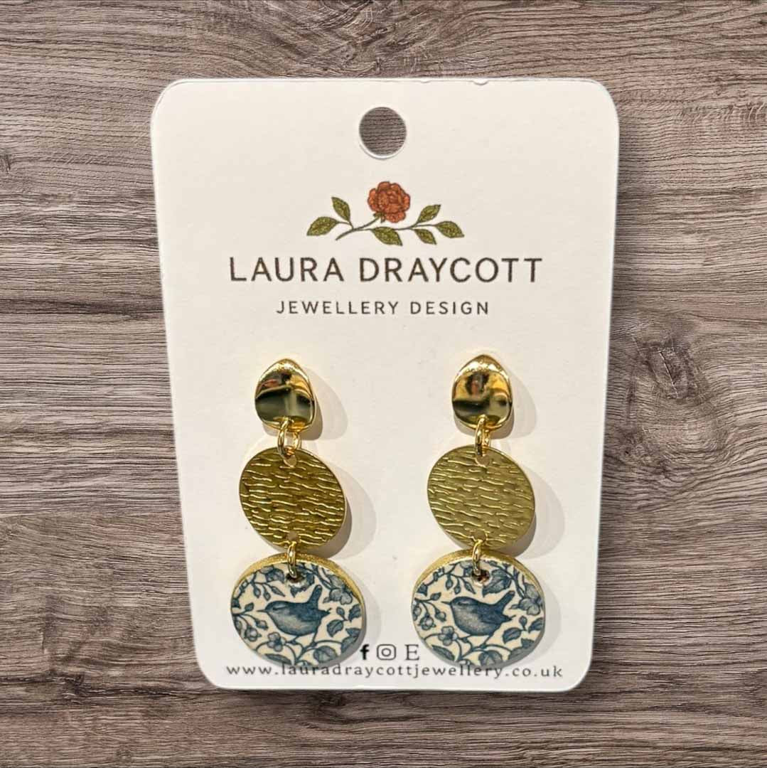 Gold and Blue Bird Wood Dangle Earrings - Laura Draycott_Just Makers
