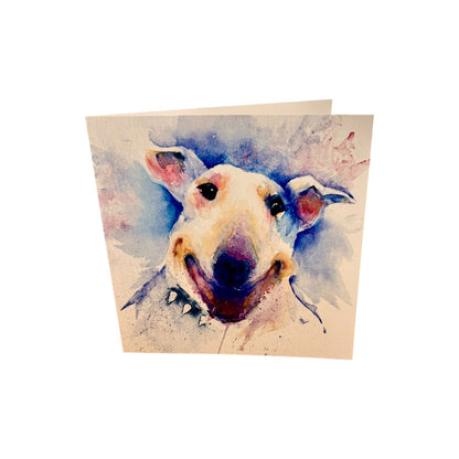 A square greeting card featuring a watercolor painting of a dog&