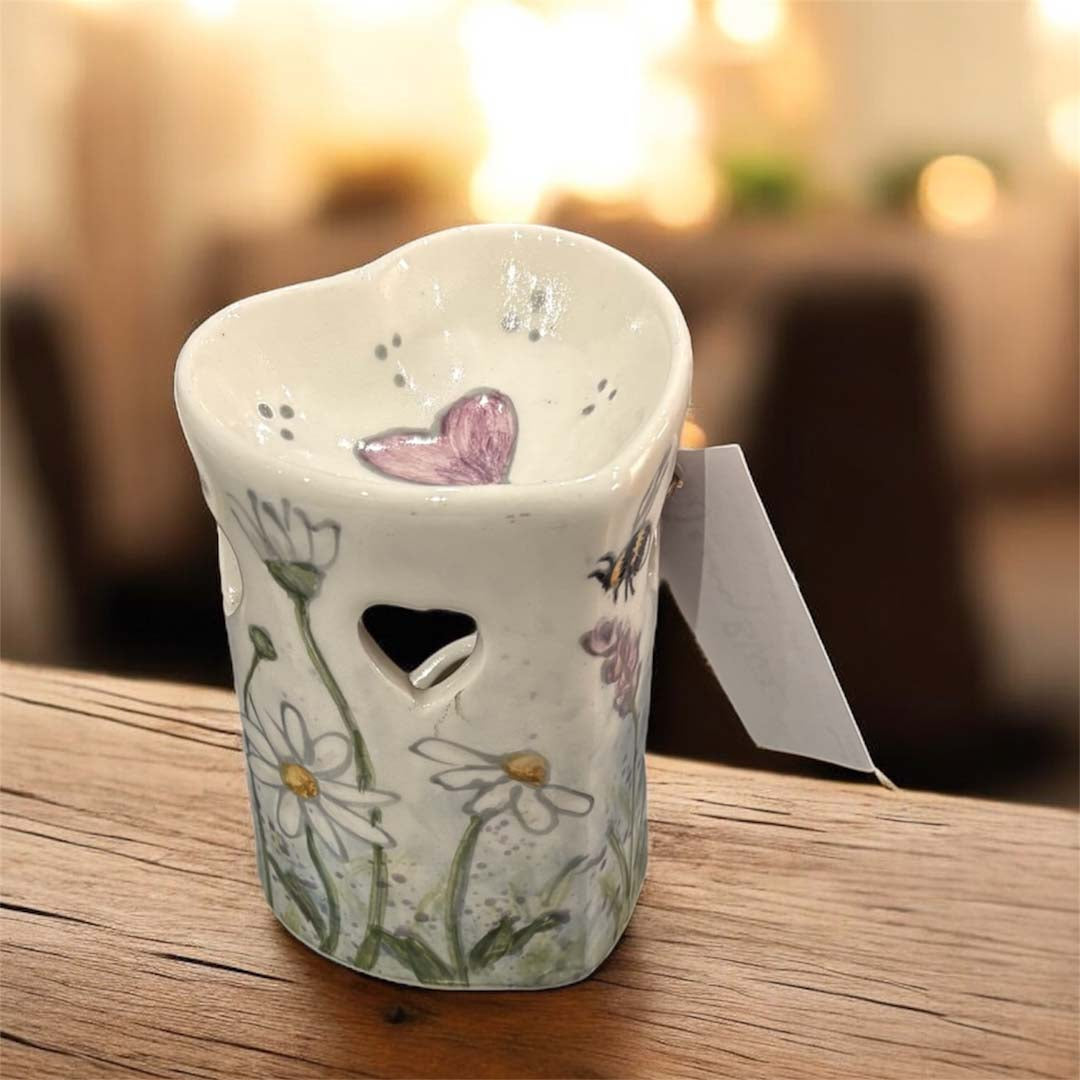 Hand Painted Bee and Daisy Heart-Shaped Oil or Wax Burner - Jenny Blue Art_Just Makers