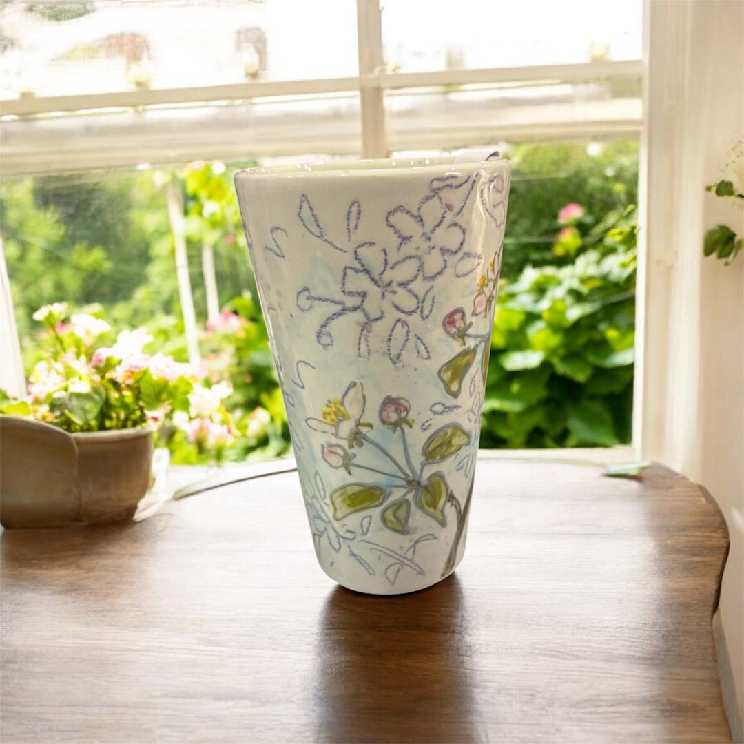 Hand Painted Bird in Blossom Vase - Jenny Blue Art_Just Makers