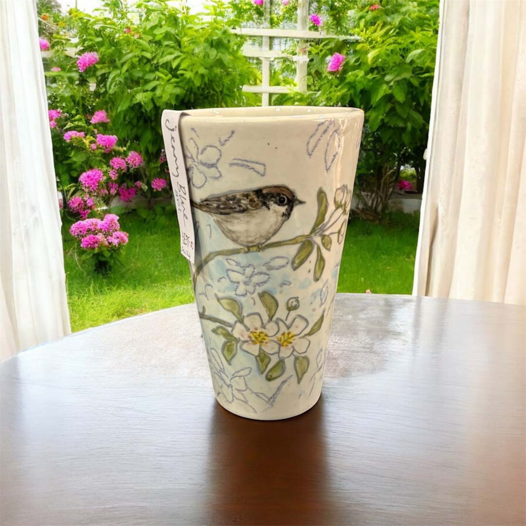 Hand Painted Bird in Blossom Vase - Jenny Blue Art_Just Makers