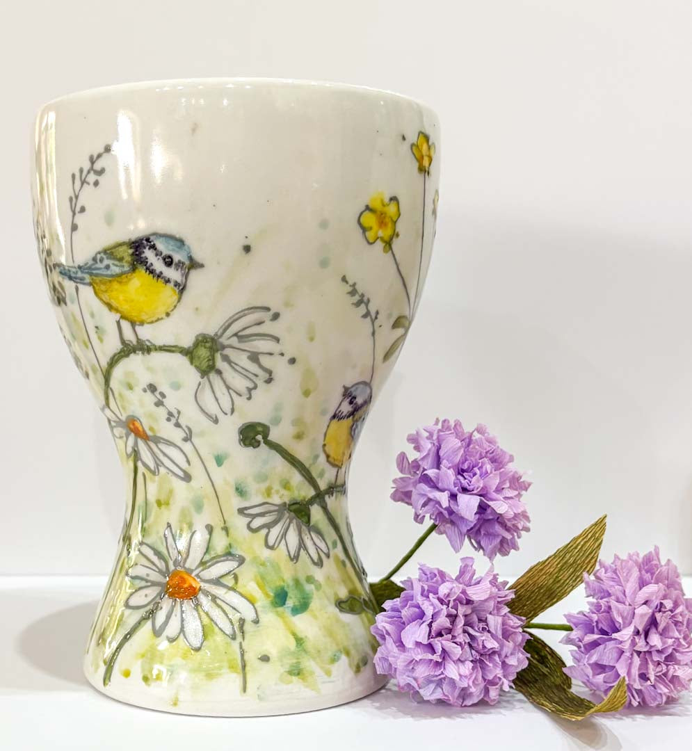 Hand Painted Blue Tit Meadow Vase - Jenny Blue Art_Just Makers