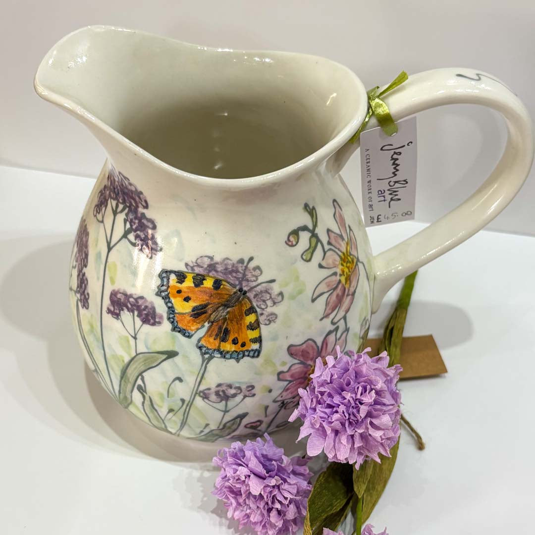 Hand Painted Butterfly and Flowers Jug - Jenny Blue Art_Just Makers