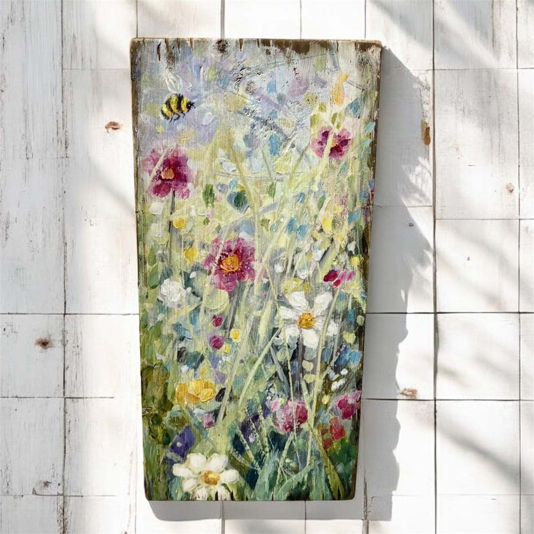 Hand Painted Floral Meadow Wooden Tile - Jenny Blue Art_Just Makers