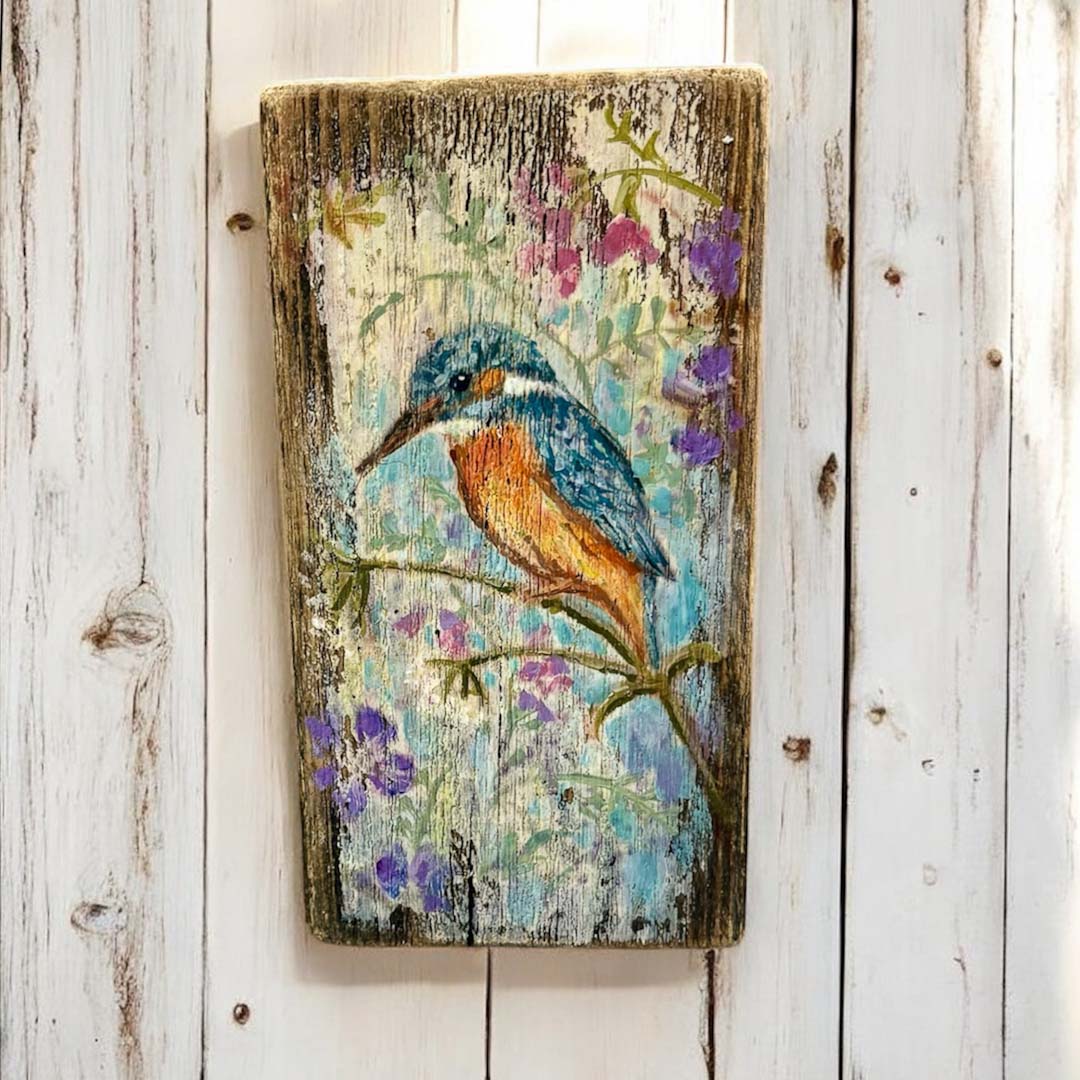 Hand Painted Kingfisher Wooden Tile - Jenny Blue Art_Just Makers