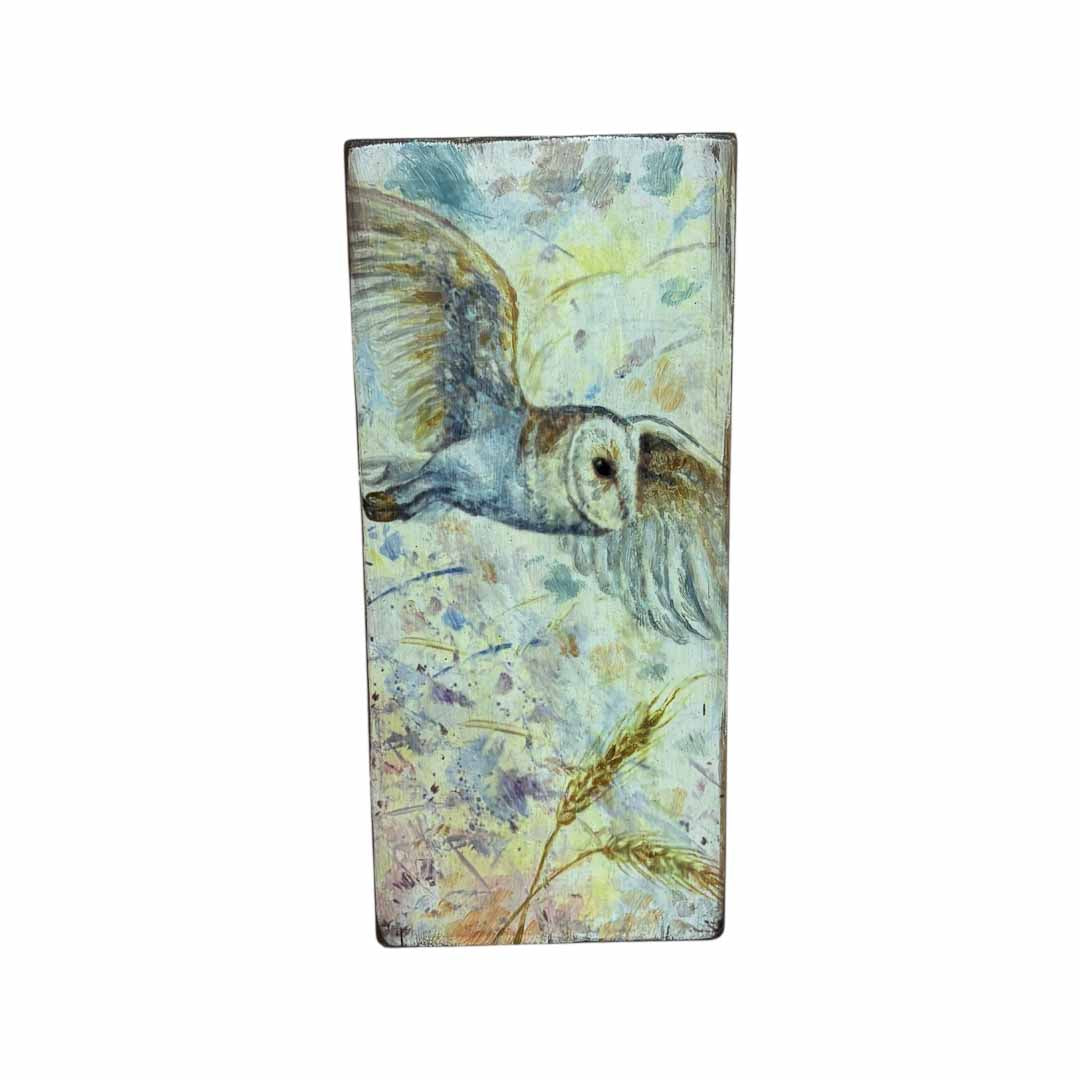 Hand Painted Owl in Flight Wooden Tile - Jenny Blue Art_Just Makers