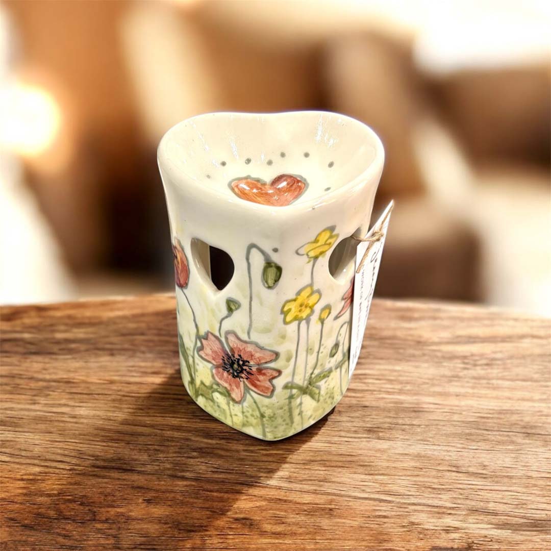 Hand Painted Poppy Heart-Shaped Oil or Wax Burner - Jenny Blue Art_Just Makers